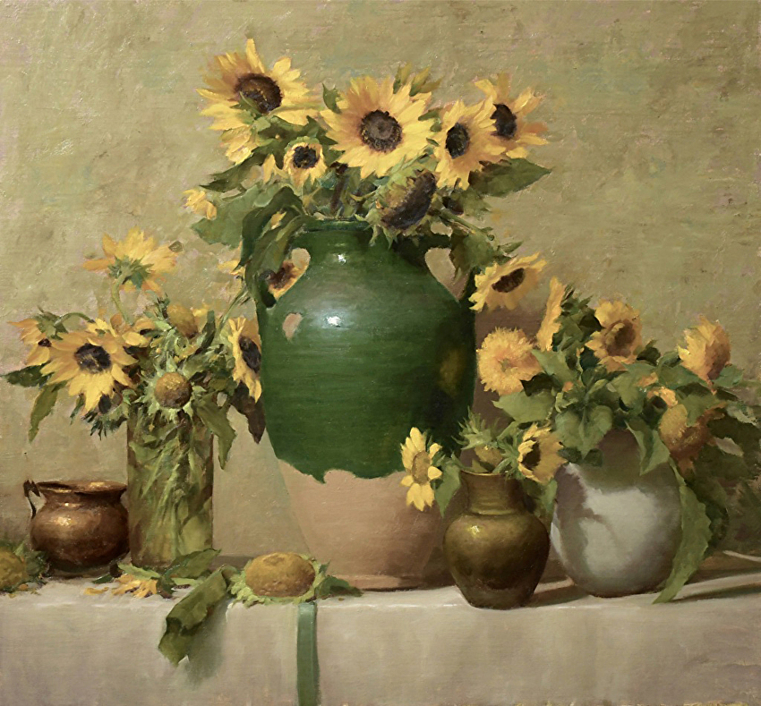 A painting of a table with three vases filled with yellow sunflowers