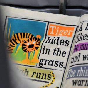 A children's book opened to an illustration of a tiger